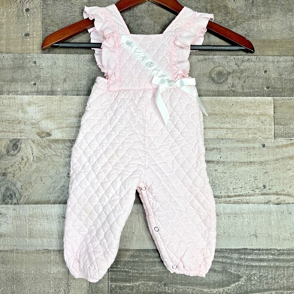 Vintage Baby Girl‎ Quilted Bibs 12 Months Light Pink 80's Ruffle Snap Crotch